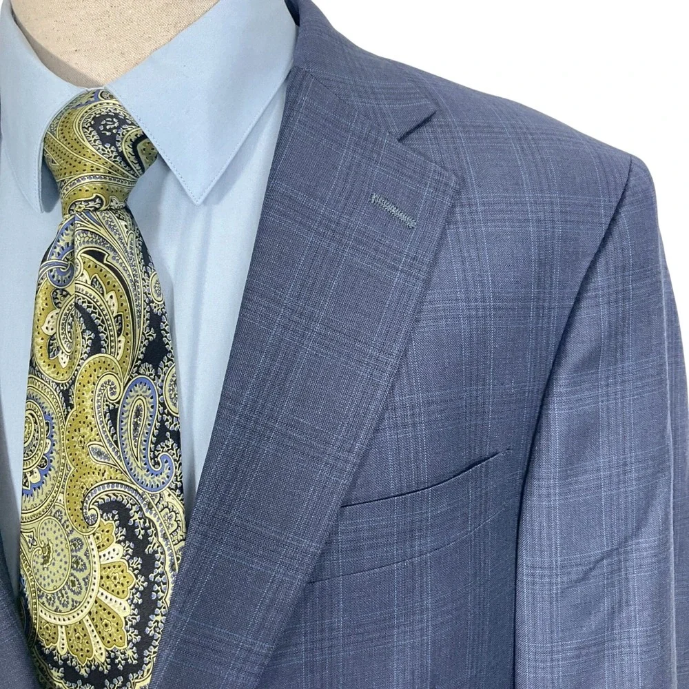 Hart Schaffner Marx Blazer Men 44L Blue Plaid‎ Two Button VTG Union USA Jacket
